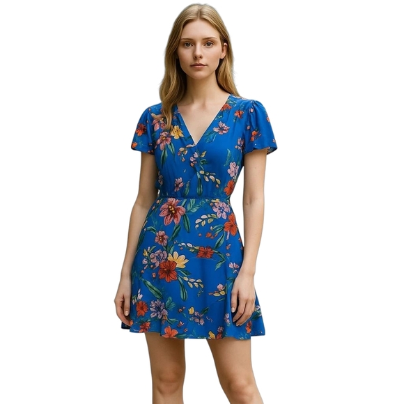 Parker Blue Silk Floral V-Neck Short Sleeve Ruffle Mini Dress XS Preowned - Picture 1 of 9